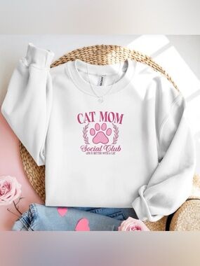 Cat Mom Social Club Pink Paw White Crewneck Sweatshirt Cat Lover Gift